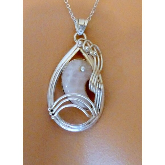 Sterling Silver Rose Quartz Gemstone Large Artisan Pendant Yin Yang 26g - Picture 4 of 7